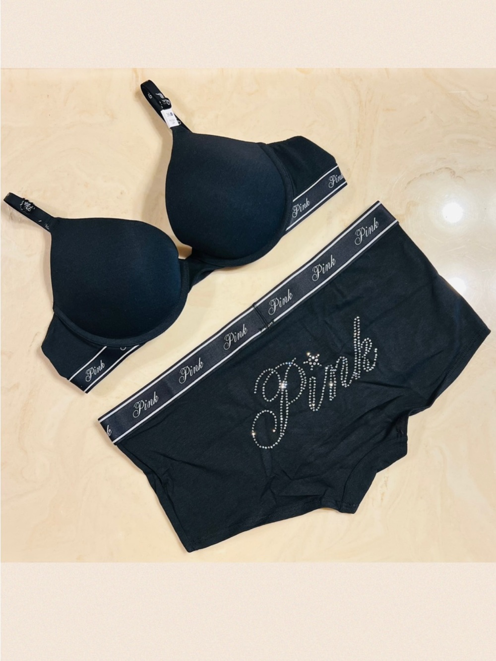 PINK VICTORIA’S SECRET Black Push-Up Bra & Cotton Boyshort Diamante Logo 36B